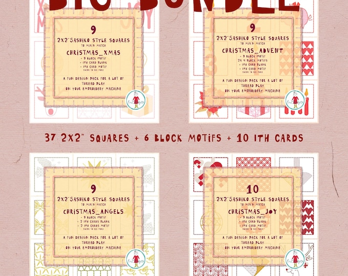 BIG Christmas Bundle VOL 1 – 2x2” Sashiko Style Squares – 4 Design Packs – 40% Off*) – Hand drawn Machine Embroidery