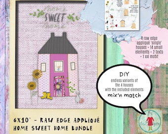 DIY Bundle with 4 of my 6x10 Raw edge Appliqué Houses AND 14 decorative elements to decorate the house with in your embroidery software