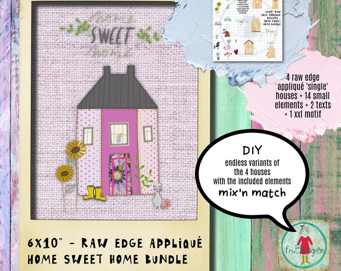 DIY Bundle with 4 of my 6x10 Raw edge Appliqué Houses AND 14 decorative elements to decorate the house with in your embroidery software