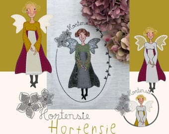 LITTLE ANGEL HORTENSIE, feminine, delicate machine embroidery design inspired by the flowers in my garden, 4 angel designs + a text design