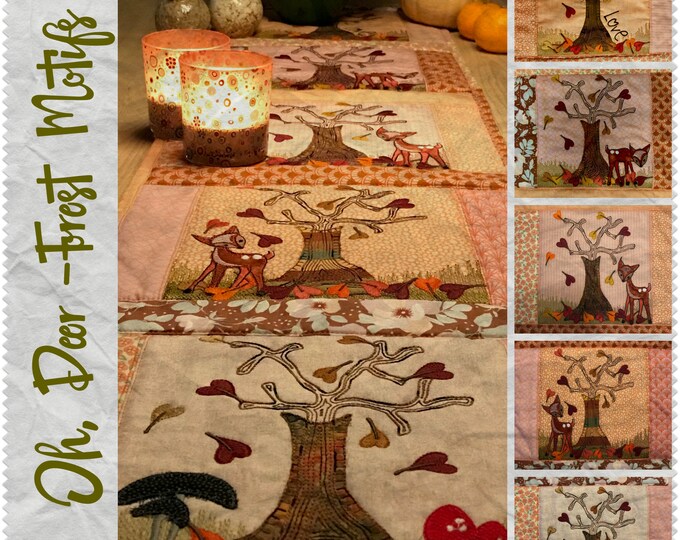 12 Cute Appliqué Machine Embroidery Designs with Forest Motifs - Oh, Deer, for the 5 x 7 and 8 x 8 hoop sizes, 5 of them quilt-blocks