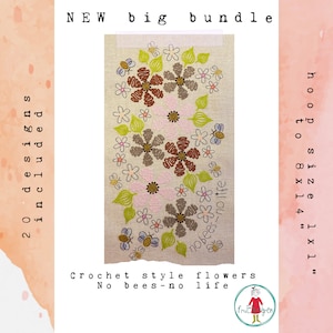 Puede incluir: Un diseño de bordado digital que presenta una corona de flores con abejas y el texto "no bees-no life". El diseño es para un aro de 8x14 pulgadas.