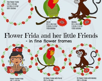My Flower Frida and her little Friends, 6 CUTE and DETAILED, unique and hand drawn machine embroidery designs for your delight