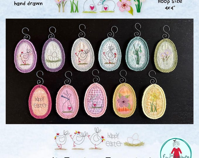 Felt Easter Eggs ITH Machine Embroidery Design Set – Spring Ornaments 4x4 – 12 Appliqué Eggs + 2 Borders