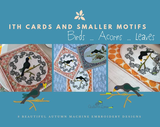 ITH Cards and smaller embroidery motifs with Birds, delicious worms and autumn leaves, 8 cute designs, hand drawn and detailed