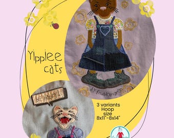 Large Miss Yippiee Cat Appliqué Embroidery Design – 8x11 Hoop – Raw Edge Appliqué  – 3 variants and bonus designs included