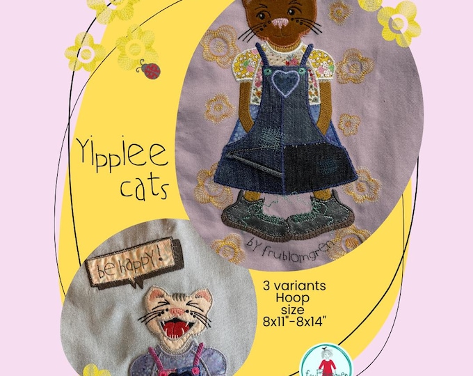 Large Miss Yippiee Cat Appliqué Embroidery Design – 8x11 Hoop – Raw Edge Appliqué  – 3 variants and bonus designs included