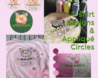 T-shirt Designs and Appliqué circles with my little Piglets - 3 versions, each in 3 sizes + 2 text designs - a total of 11 designs