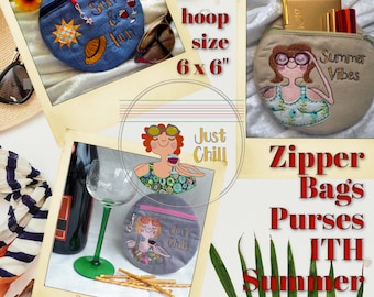 3 Machine Embroidery ITH Zipper Bags/Pockets - SUMMER VIBES - hoop size 6x6"- 3 versions with Lucia, Bella and Summer motifs + a blank purse