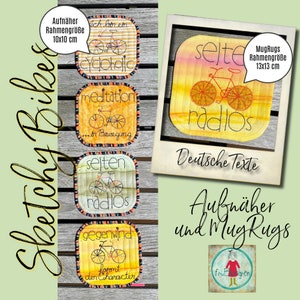 8 Aufnäher und MugRugs mit Sketchy Bikes - jeweils 4 Stück - Aufnäher 10x10 cm und MugRugs 13 x 13 cm mit witzigen Bike-Sprüchen