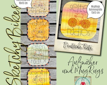 8 Aufnäher und MugRugs mit Sketchy Bikes - jeweils 4 Stück - Aufnäher 10x10 cm und MugRugs 13 x 13 cm mit witzigen Bike-Sprüchen