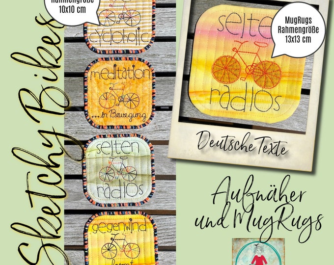 8 Aufnäher und MugRugs mit Sketchy Bikes - jeweils 4 Stück - Aufnäher 10x10 cm und MugRugs 13 x 13 cm mit witzigen Bike-Sprüchen