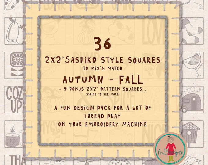 AUTUMN/FALL themed Machine Embroidery, Sashiko Style Squares – Hand Drawn 2x2" motifs and word Designs + 9 pattern squares + fitting grids