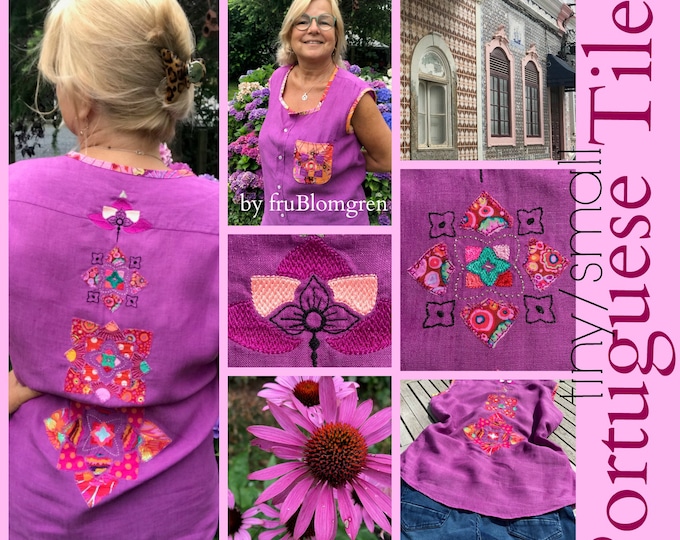 8 APPLIQUÉ Tile Designs - Portuguese Style, hand drawn Appliqué Tiles, 2 sizes for the 5 x 7" hoops, 7 tile designs + an ITH pocket included