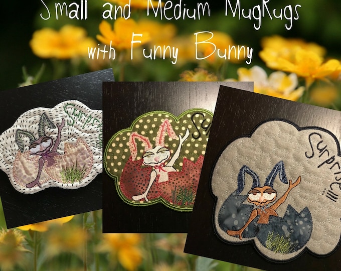 3 ITH Small and Medium size MugRug Designs with a Surprise: Mr. Funny Bunny, Machine embroidery design ITH, Instant Download