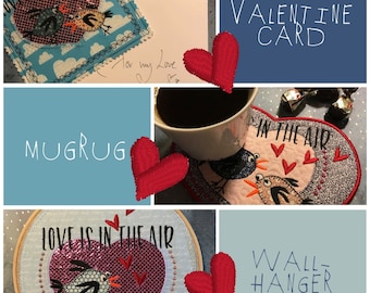 VALENTINE, Love is in the air, 3 whimsical and cute machine embroidery designs, Valentine Card, MugRug ITH, motif for wooden embroidery hoop