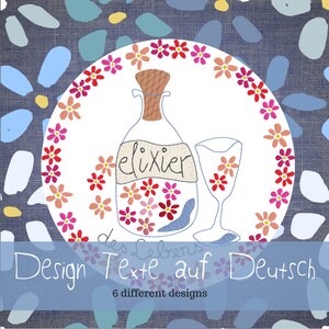 Może przedstawiać: Biały talerz z różowym kwiatowym obramowaniem, na którym znajduje się butelka z etykietą "elixir" i kieliszek do wina. Pod talerzem znajduje się tekst "Design Texte auf Deutsch" i "6 różnych wzorów".