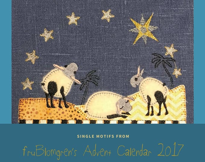 SINGLE DESIGN from fruBlomgren's Advent Calendar. Machine Embroidery Design. DIY. Little sheep watching the Star over Bethlehem, 2 sizes