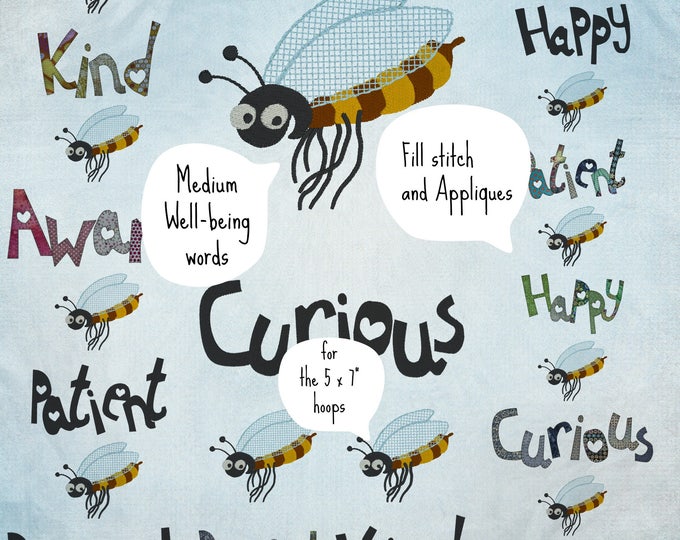 14 Medium Well-being designs, 6 feel-good BUZZ WORDS as fill and appliqué stitch + 2 CUTE Bees for making Colourful Textile Quotes