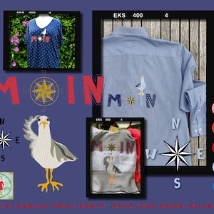 May include: A blue and white striped shirt with a red, white, and blue embroidered design that says "Moin" with a compass and a seagull. The design is also shown on a blue t-shirt and a gray t-shirt. The image also includes a compass and a seagull.