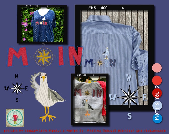 MOIN MOTIFS for embellishing your Garments and Home Accessories - In stitches and as appliqué - with my Gull and a hand drawn Compass Rose