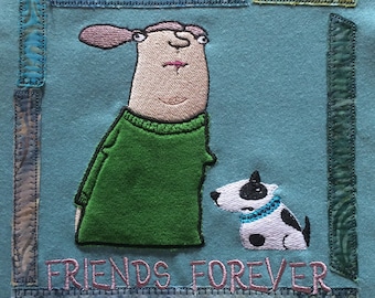 Louise and her dog friend Victor, a Whimsical loving couple,  Machine Embroidery Design, 3 designs: 2 variants and an appliqué frame motive