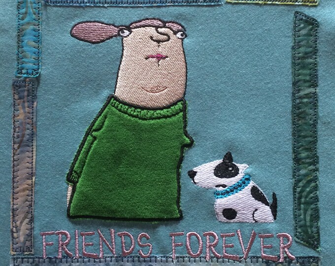 Louise and her dog friend Victor, a Whimsical loving couple,  Machine Embroidery Design, 3 designs: 2 variants and an appliqué frame motive