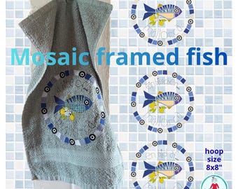 Mosaic Framed Fish, Mallorca Machine Embroidery Designs, 8x8 Hoop, Fish Towel Embroidery, English German Danish Texts