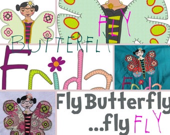 FLY FRIDA FLY, like a little Butterfly, a total of 8 Whimsical, Colourful and Humorous Frida as a Butterfly Embroidery Designs in two sizes