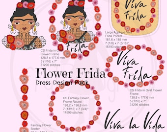 FLOWER FRIDA, 7 Beautiful Machine Embroidery Designs, Design pack with lots of little flowers, detailed motifs, borders and an ITH Pocket
