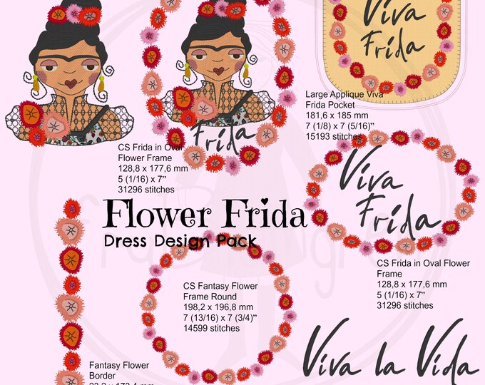FLOWER FRIDA, 7 Beautiful Machine Embroidery Designs, Design pack with lots of little flowers, detailed motifs, borders and an ITH Pocket