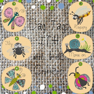 6 ITH Machine Embroidery designs for Bag Tags, &#39;Taschenbaumler&#39;, little Whimsical Critters, Cute Bugs, 6 different motifs, 2 shapes, 2 sizes