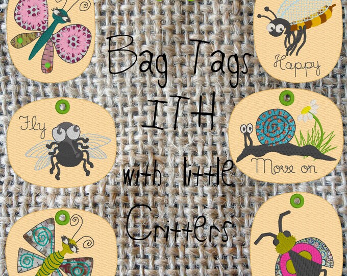 6 ITH Machine Embroidery designs for Bag Tags, 'Taschenbaumler', little Whimsical Critters, Cute Bugs, 6 different motifs, 2 shapes, 2 sizes
