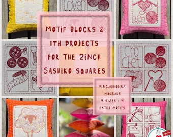 ITH Projects for 2" Sashiko Squares - Mug Rugs and/or Pincushions + Blanks - Crochet, Knitting & Sewing Blocks - hoop size 4x4'' to 8x8''