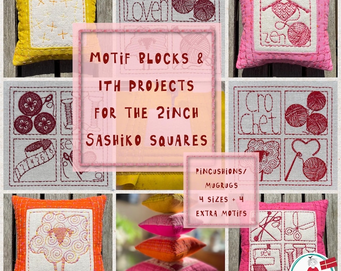 ITH Projects for 2" Sashiko Squares - Mug Rugs and/or Pincushions + Blanks - Crochet, Knitting & Sewing Blocks - hoop size 4x4'' to 8x8''