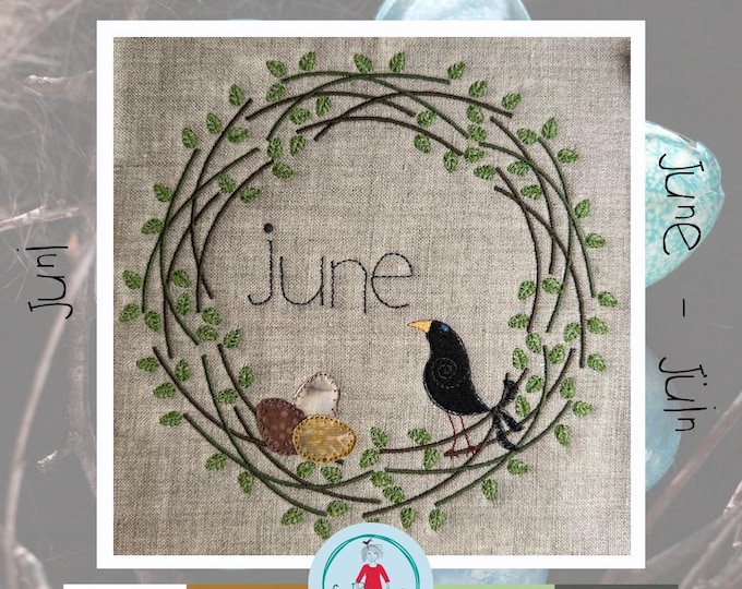 June Wreath - A nest of delicate twigs, eggs and a black bird - 6th in series - Hand drawn Designs - 2 variants - 8x8" hoop - 3 languages
