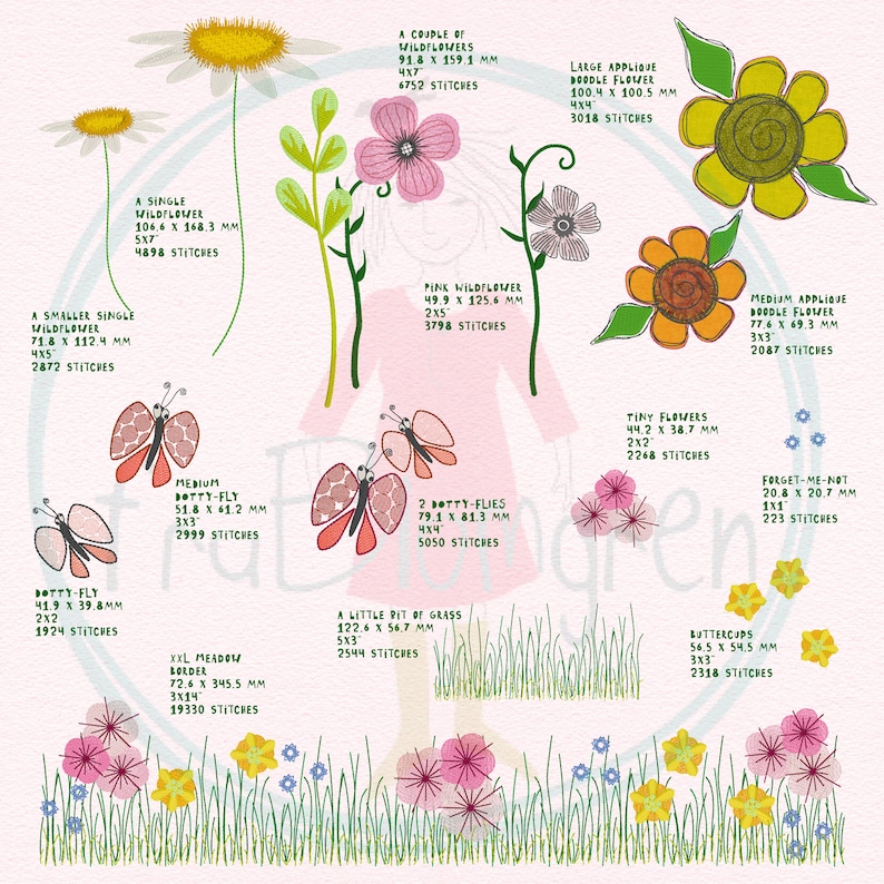A whimsical wildflower design pack with 30 Machine Embroidery designs fruBlomgren Meadow Single flowers/elements/motifs, more hoop sizes image 3