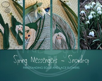 New, Larger Freestanding Eggs and Lace Flowers with SNOWDROPS, 4 designs and in more languages: 1 quilted egg, 1 lace egg and 2 lace flowers