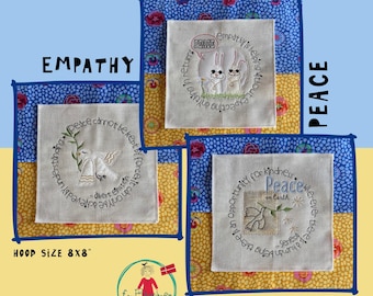 Peace Text Designs for your embroidery machine - 3 designs for hoop size 8x8" - A mix of stitches and fabric appliqué - hand-drawn