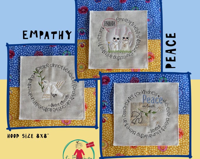 Peace Text Designs for your embroidery machine - 3 designs for hoop size 8x8" - A mix of stitches and fabric appliqué - hand-drawn