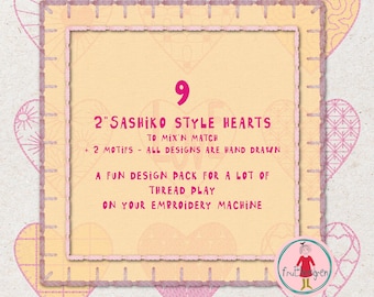 2inch Sashiko Hearts - Machine Embroidery Design Pack – 9 Sashiko style hearts + 2 Motifs – perfect for visible mending & upcyling