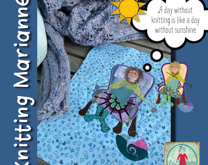 Hand drawn Appliqué design - Knitting Marianne - detailed and fun appliqué designs to make on your embroidery machine - 5x7" and 8x8"