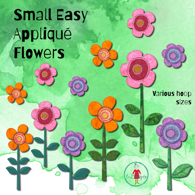 Puede incluir: Una descarga digital de patrones de bordado para peque&ntilde;as flores de aplique f&aacute;ciles en varios colores. Los patrones est&aacute;n dise&ntilde;ados para usar con aros de bordado de varios tama&ntilde;os. El texto "Small Easy Applique Flowers" se muestra en la parte superior de la imagen.