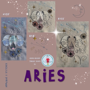 May include: Three embroidered designs of the Aries zodiac sign, each with a different colour scheme. The designs are on a beige linen fabric and feature a ram's head with horns, stars, and a crescent moon. The designs are available in three sizes: 6x10 inches, 8x8 inches, and 8x11 inches.