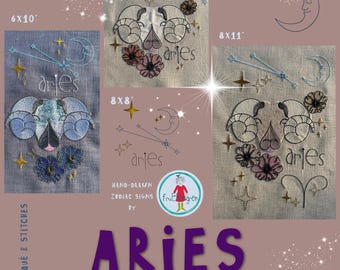 Aries Zodiac - Hand-drawn Machine Embroidery Designs – a mix of embroidery and appliqué - Large, detailed motifs - 3 Hoop Sizes