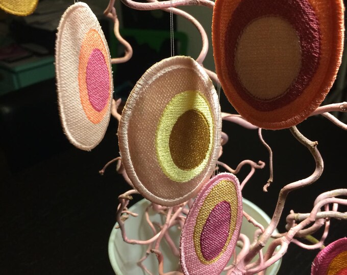 Embroidered Pastel Easter Eggs to hang on branches, ITH, Machine Embroidery, 3 styles: Fill stitch, Cross stitch and Applique, four of each