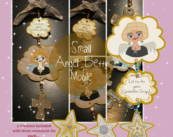 Angel Mobile ITH, Guardian Angel Betty in the sky, 2 versions with 3 FS lace and Shiny Foil ornaments for each, a total of 9 designs