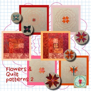May include: A collection of quilt patterns featuring floral and geometric designs. The patterns are displayed on fabric squares with a red, orange, and white color scheme. The text "Flowers & Quilt patterns 2" is displayed at the bottom of the image.