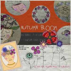 AUTUMN BLOOM, pacote grande, 28 desenhos de flores rabiscadas para misturar e combinar: 15 flores simples, 6 motivos, 2 vasos, 2 vasos decorados e 3 bônus