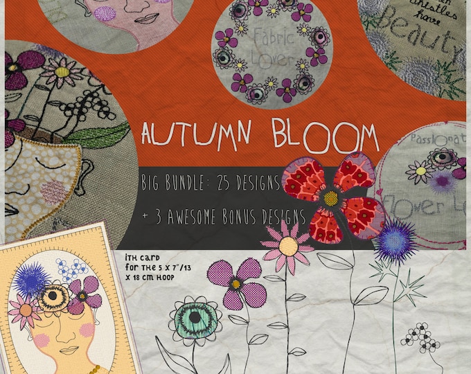 AUTUMN BLOOM, Big Bundle, 28 Doodlish Flower Designs to mix and match: 15 single flowers, 6 motifs, 2 vases, 2 decorated vases and 3 Bonuses
